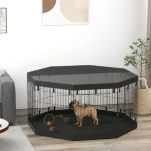 Parc pliable pour chiens 8 panneaux avec coussin inférieur et couvercle supérieur, 24" de haut