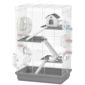 Grande cage à hamster à 4 niveaux avec tubes, gourde, gamelle alimentaire, cabane, roues d’exercice.