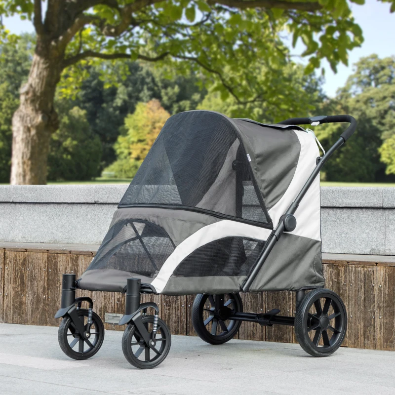 Poussette pliante pour chiens de grande taille avec quatre grandes roues, cadre absorbant les chocs, laisses de sécurité, et freins au pied – Image 5