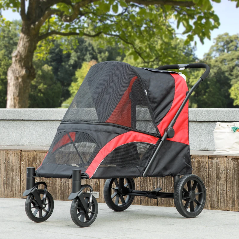 Poussette pliante pour chiens de grande taille avec quatre grandes roues, cadre absorbant les chocs, laisses de sécurité, et freins au pied – Image 2