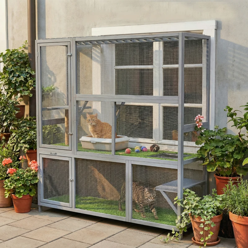 Terrarium extérieur pour chats Catio, maison en bois avec toit étanche, plateformes et griffoir – Image 2