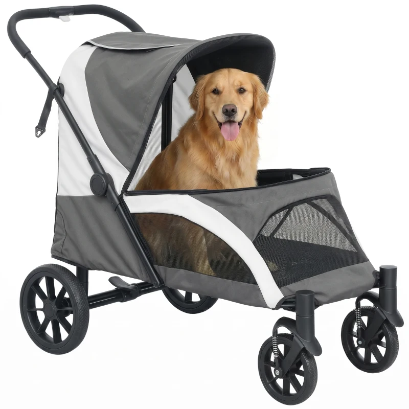 Poussette pliante pour chiens de grande taille avec quatre grandes roues, cadre absorbant les chocs, laisses de sécurité, et freins au pied – Image 4