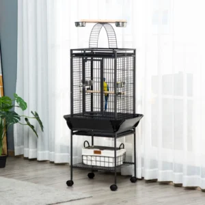 Maison à perruche de 61,5 pouces pour calopsitte avec support, plateau coulissant, plateau de jeu, étagère de rangement.