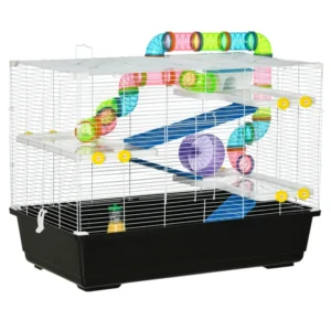 Grande cage à hamster 31", petite maison à plusieurs étages, système de tunnels tubulaires, avec bouteille d’eau, roue d’exercice, gamelle alimentaire, et rampes