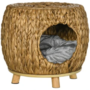 Lit pour chats en osier avec coussin lavable, lit de chaton en rotin surélevé pour chats d’intérieur, brun clair