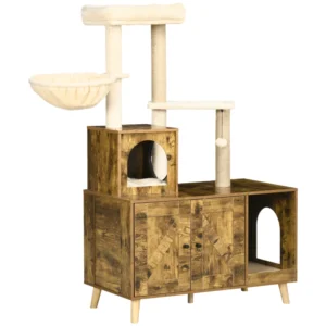 Bac à litière avec tour d’arbre à chats, mobilier de toilette pour chats caché avec appartement, griffoirs, grande plateforme, hamac et coussin doux.