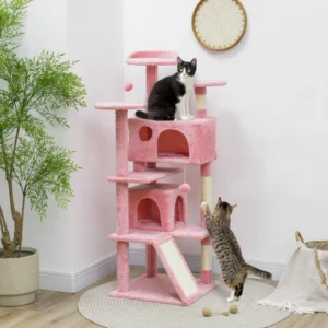 Arbre à chat à plusieurs niveaux avec griffoirs, appartements pour chats, lit, plateformes, rampe, balle jouet.