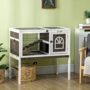 Maison pour lapins à double hauteur avec plateau coulissant.