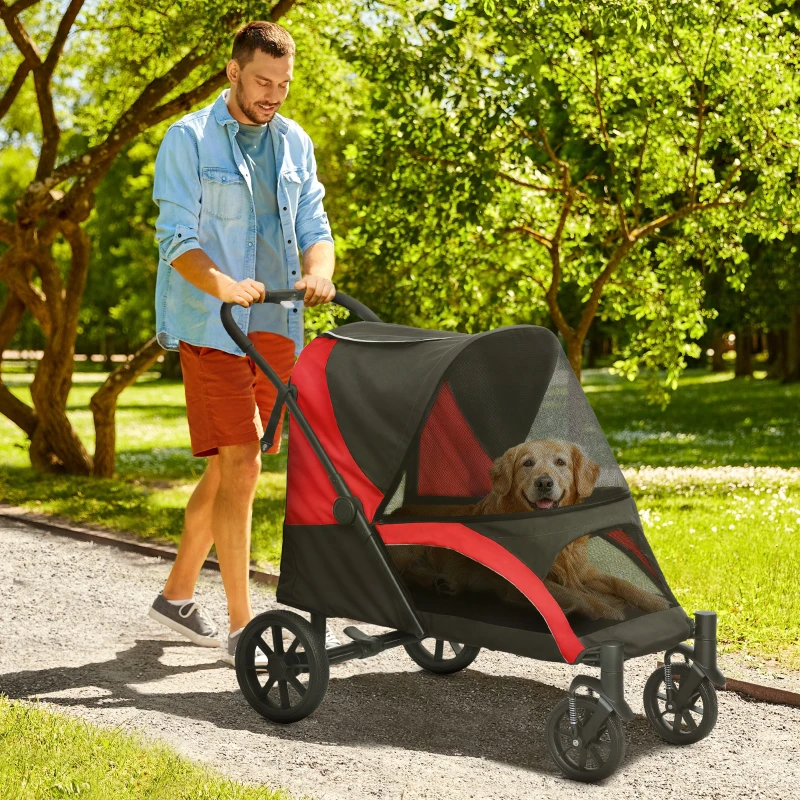Poussette pliante pour chiens de grande taille avec quatre grandes roues, cadre absorbant les chocs, laisses de sécurité, et freins au pied – Image 3