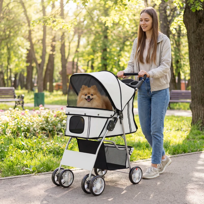 Poussette pour chiens et chats, pliante avec roues, bandes réfléchissantes, frein, plaquette et panier. – Image 6