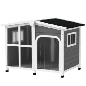 Niche en bois, cage surélevée avec fond amovible, toit en asphalte ouvrable, rideau de porte, fenêtres latérales,
