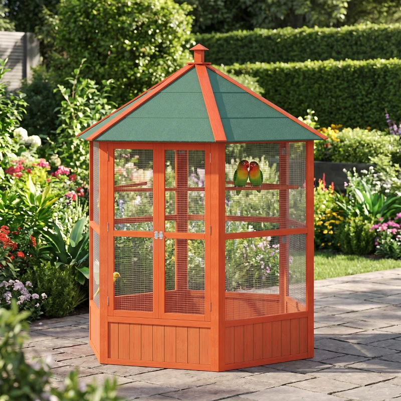 Cage à oiseaux en bois 70"H volière extérieure hexagonale avec portes. – Image 3