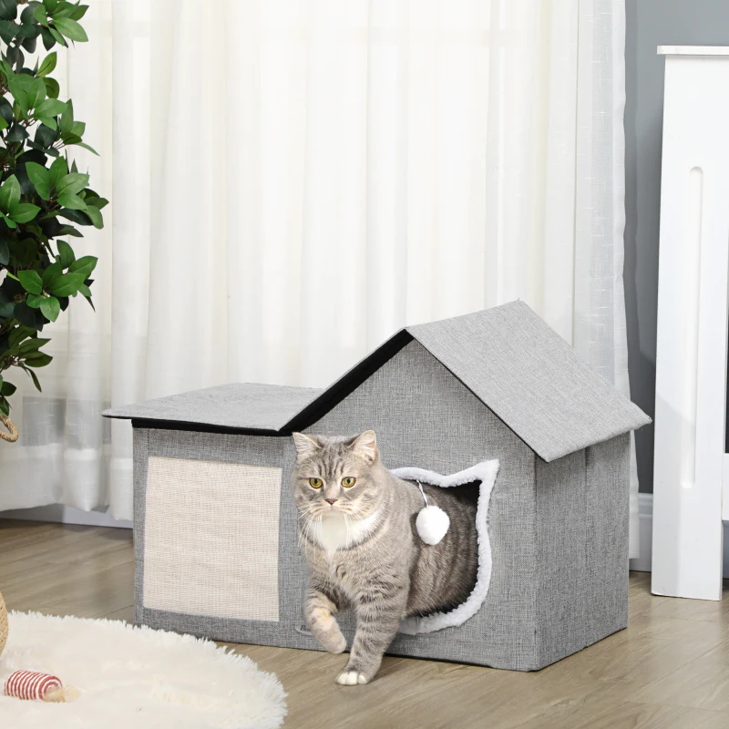 Grand lit pour chat à l’intérieur, refuge pour chats avec coussin doux, grattoir, balle pendante, entrées doubles, – Image 2