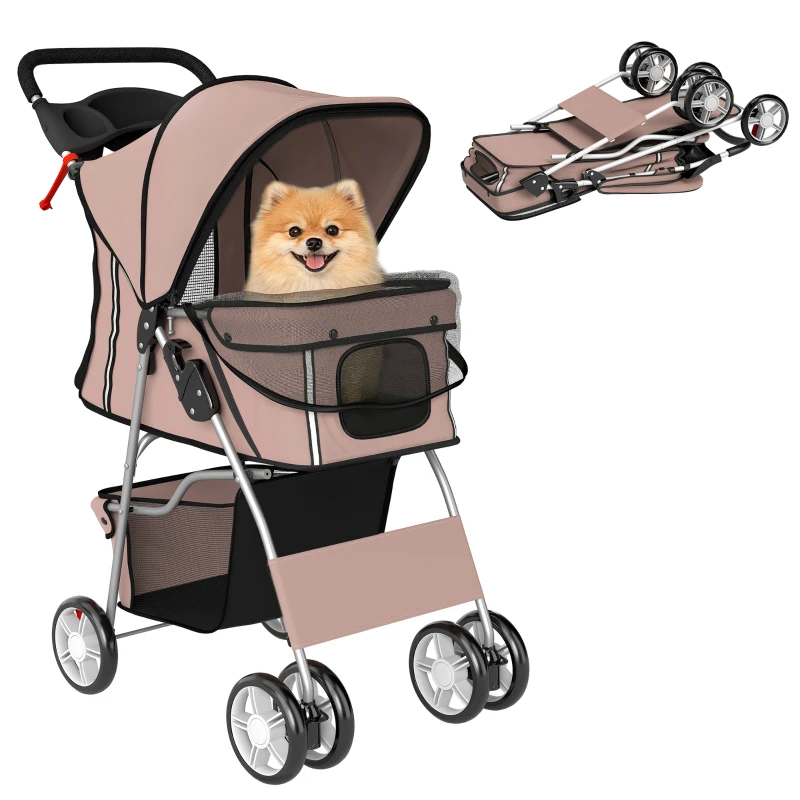 Poussette pour chiens et chats, pliante avec roues, bandes réfléchissantes, frein, plaquette et panier. – Image 5
