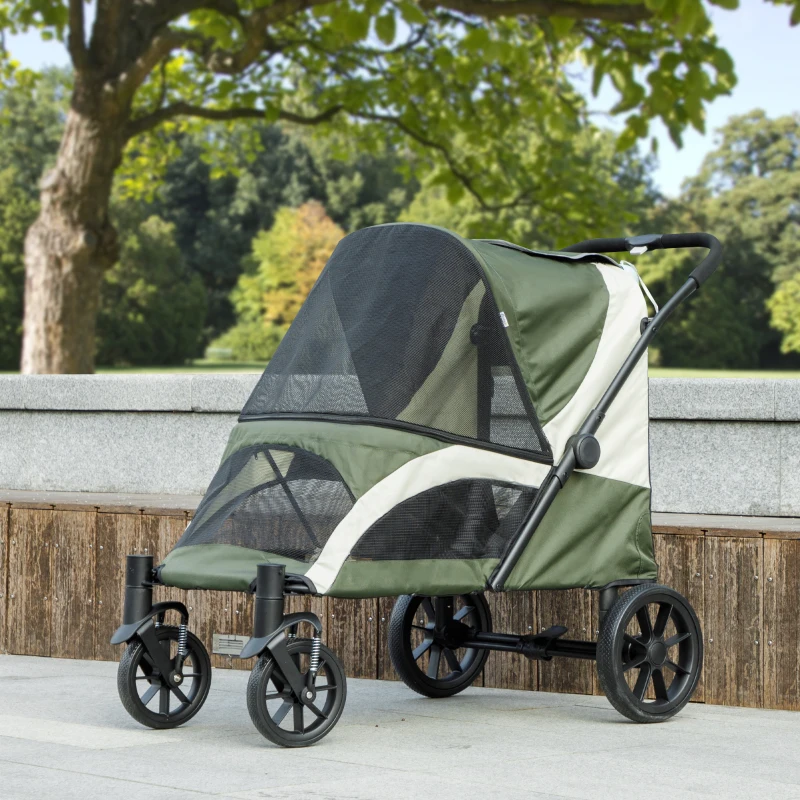 Poussette pliante pour chiens de grande taille avec quatre grandes roues, cadre absorbant les chocs, laisses de sécurité, et freins au pied – Image 7