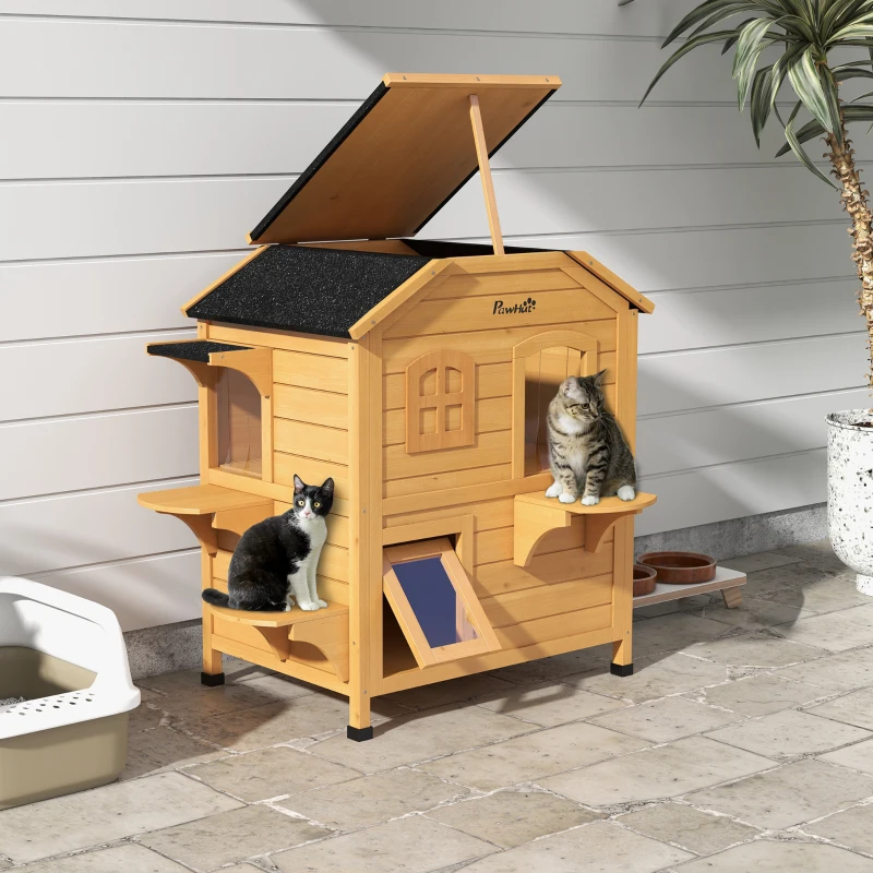 Maison extérieure à chat, deux étages en bois avec toit ouvrable, espace salon, entrées amusantes pour chats – Image 4