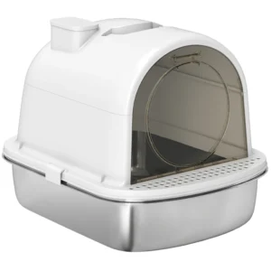 Bac à litière en acier inoxydable fermé, litière métallique pour chat avec cuillère, sac désodorisant, poignée, facile à nettoyer.