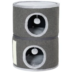 Arbre en tonneau de condo pour chats à deux étages avec perchoir supérieur, 2 couloirs, planche à griffer, coussins amovibles, balles de jouet,