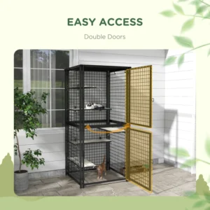 Cage pour chat Cage à plusieurs niveaux en acier Catio extérieure extérieure avec couverture résistante aux UV et à l’eau, 5 plateformes, coussinets souples.