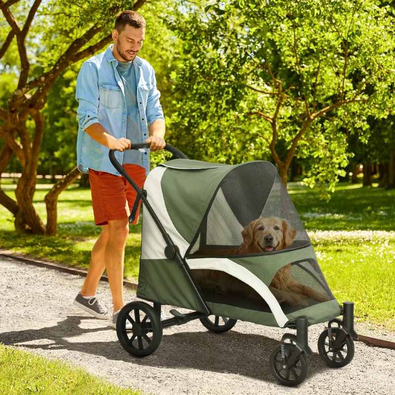 Poussette pliante pour chiens de grande taille avec quatre grandes roues, cadre absorbant les chocs, laisses de sécurité, et freins au pied – Image 8