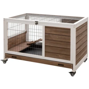 Cage à lapins en bois d’intérieur, Habitat surélevée avec enclos fermé et roues, idéal pour les lapins.