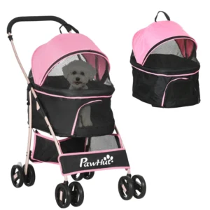 4 roues poussette pour animaux, transporteur pliant pliant pour chiens 3 en 1 pour petits chiens, amovible, avec frein, auvent, panier, sac de rangement
