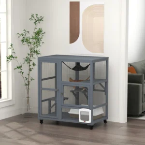 Cat Condo Maison intérieure en bois sur roues avec porte chatière Plates-formes Hamac ouvrable pour 2 chats