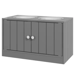 Station d’alimentation pour animaux de compagnie avec support, rangement, 2 gamelles en acier inoxydable pour nourriture et eau.