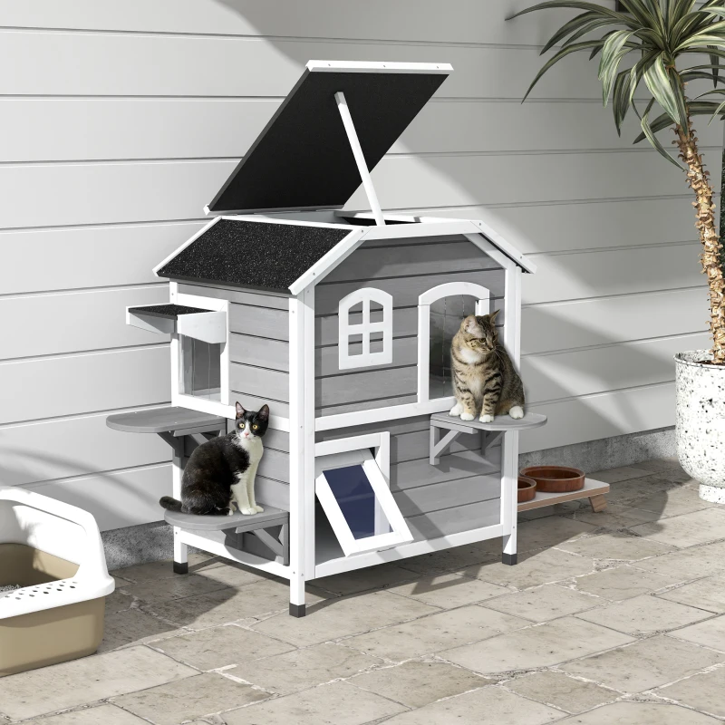 Maison extérieure à chat, deux étages en bois avec toit ouvrable, espace salon, entrées amusantes pour chats – Image 2
