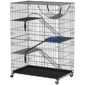 Cage pour chats à 4 niveaux, grand enclos pour chats avec roues verrouillables, plateau, hamac, lit, 3 rampes, 3 plateformes.
