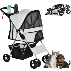 Poussette pliante à un clic avec porte gobelet, transporteur à 4 roues avec freins, roues avant pivotantes à 360°, panier de rangement, pour chats XS/petits chiens.