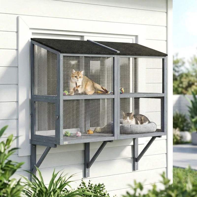 Terrier extérieur pour chats Catio Jardinier extérieur mural sur 2 niveaux avec toit étanche – Image 3