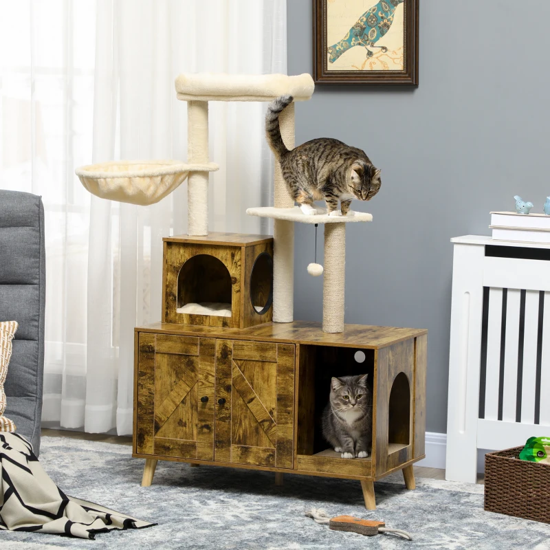 Bac à litière avec tour d’arbre à chats, mobilier de toilette pour chats caché avec appartement, griffoirs, grande plateforme, hamac et coussin doux. – Image 2