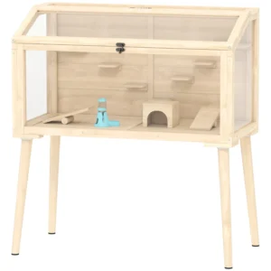 Cage à hamster avec dessus ouvrable, bascules, plateformes, et bouteille d’eau.