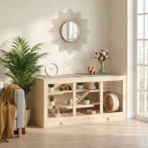 Cage en bois pour rats avec toboggan, et plateau.