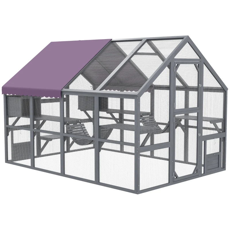 Terrarium extérieur pour chats Maison sauvage en bois avec auvent étanche, ponts, bacs de repos, plateformes, pour 3 à 6 chats.