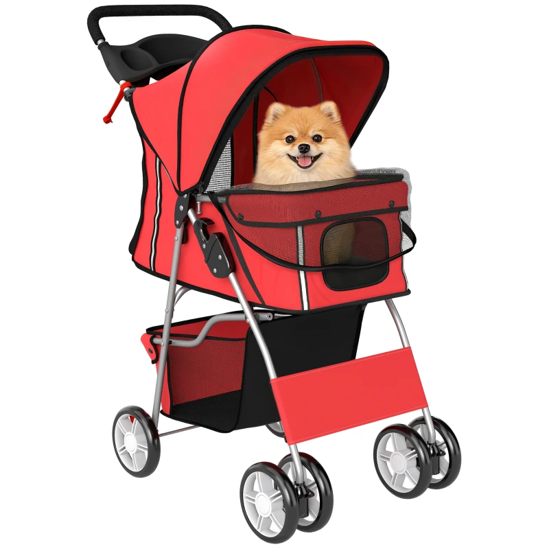 Poussette pour chiens et chats, pliante avec roues, bandes réfléchissantes, frein, plaquette et panier. – Image 10