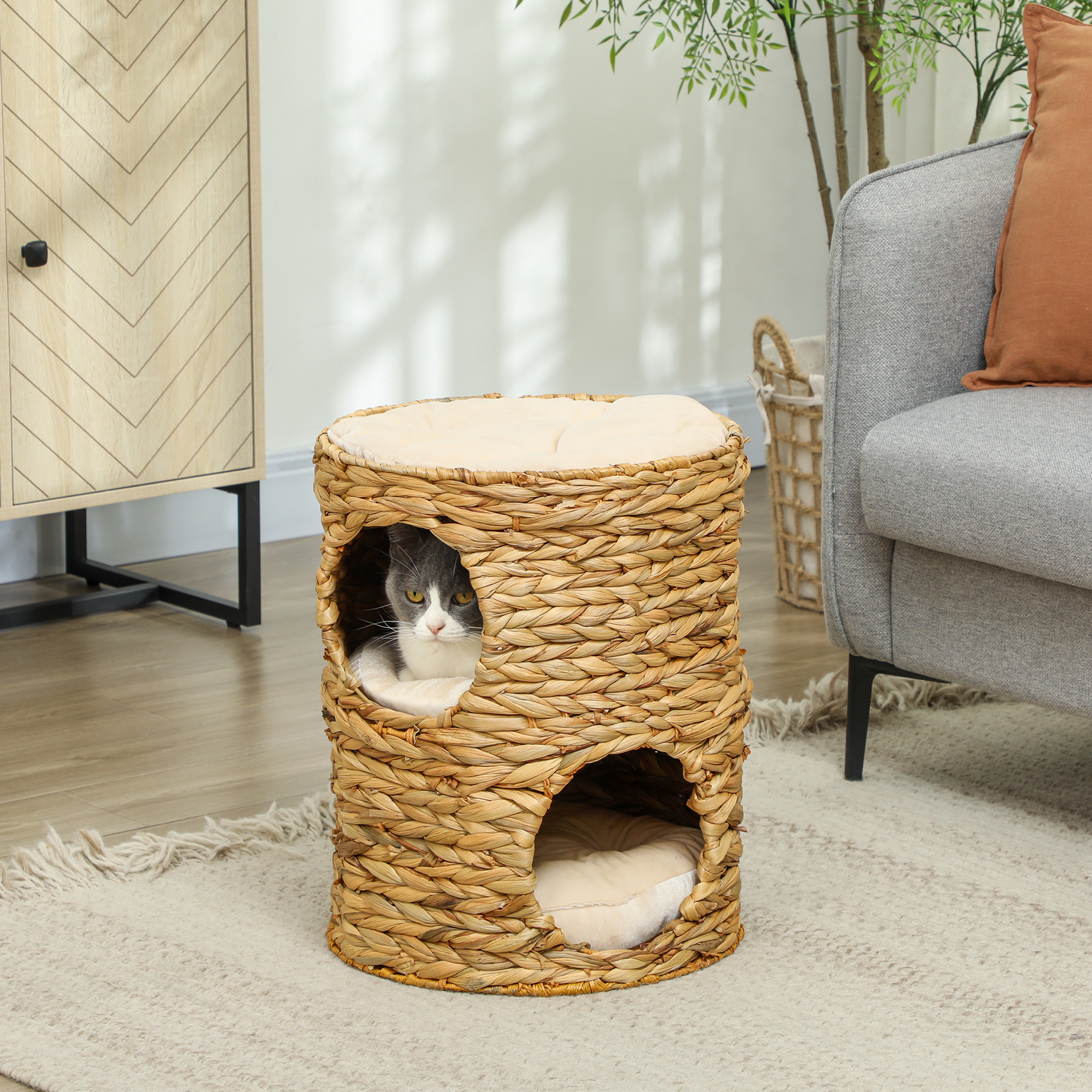 Tonneau de condo pour chats de 2 étages, petite tour d’arbre à chats avec perchoir au sommet et 2 couloirs, 2 entrées, 3 coussins – Image 3