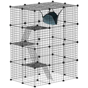 Cage pour grands chats à 4 étages DIY avec hamac, plateformes, rampes, accessoires pour 1 à 3 chats, usage intérieur.