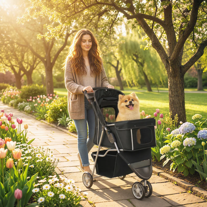 Poussette pliante 3 roues avec panier de rangement, auvent réglable, porte gobelet pour petits chiens miniatures et petits – Image 8