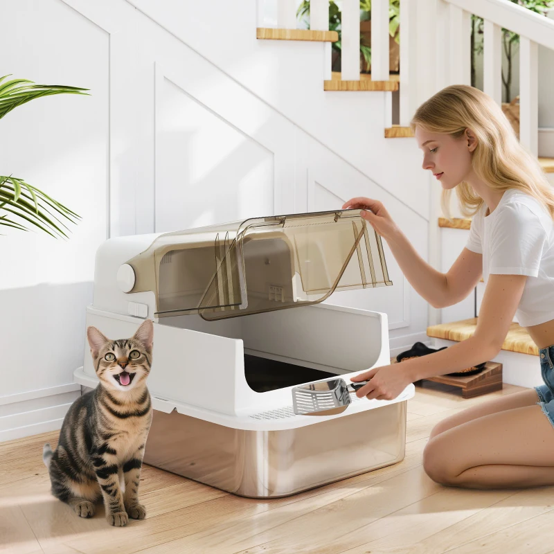 Bac à litière pour chat en acier inoxydable enclos facile à nettoyer avec couvercle à cuillère et couvercle rabattable. – Image 2