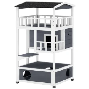Maison extérieure en bois 4 étages pour chats avec condo, entrées amusantes, perchoir, gris
