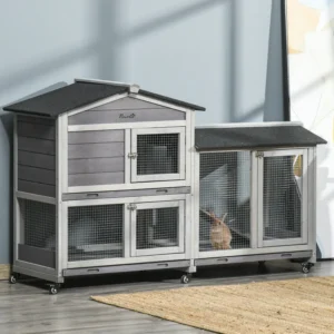 Clapier en bois de 62" avec roues, boîte de cour, plateau, rampe pour petits animaux, usage intérieur extérieur