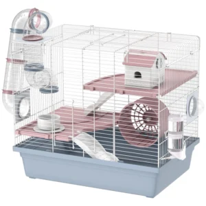 Cage pour petits animaux à 3 étages avec roue d’exercice, gamelle alimentaire, gourde, maison, tunnels, et rampes