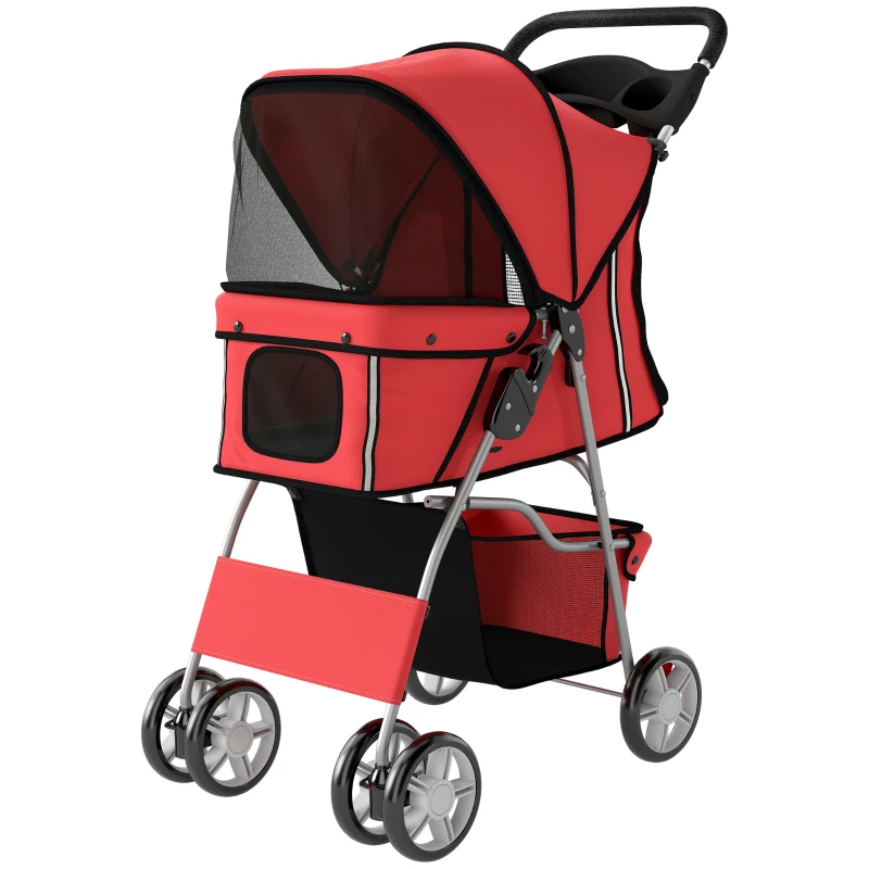Poussette pour chiens et chats, pliante avec roues, bandes réfléchissantes, frein, plaquette et panier. – Image 9