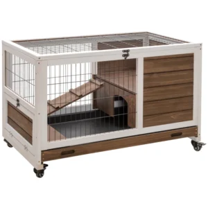 Cage à lapins en bois d’intérieur surélevée avec enclos fermé et roues, idéal pour lapins