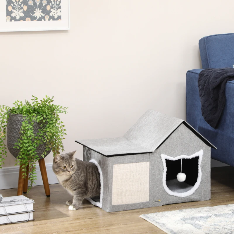 Grand lit pour chat à l’intérieur, refuge pour chats avec coussin doux, grattoir, balle pendante, entrées doubles, – Image 3