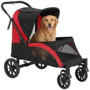 Poussette pliante pour chiens de grande taille avec quatre grandes roues, cadre absorbant les chocs, laisses de sécurité, et freins au pied