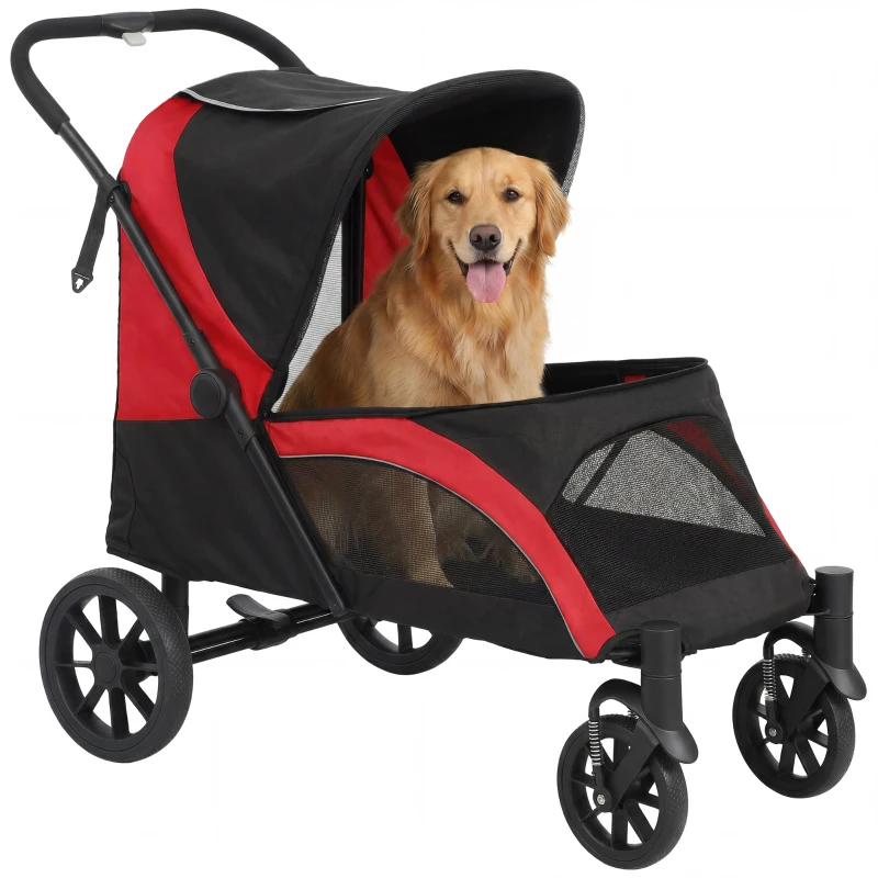 Poussette pliante pour chiens de grande taille avec quatre grandes roues, cadre absorbant les chocs, laisses de sécurité, et freins au pied