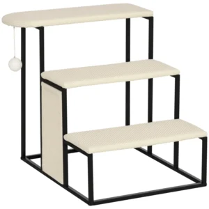 Escalier pour chats 3 marches, rampe d’échelle moquette, avec griffoir et balle suspendue pour petits chats, cadre en acier.